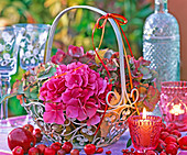Hydrangea (Hortensien-Blüten) in beigem Metallhenkelkorb;