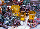 Arrangement made with yellow glass wind lights with hoarfrost