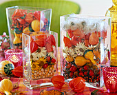 Square glass vases filled with Physalis, Cucurbita