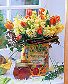 Bouquet of Tulipa, Hyacinthus and Betula branches