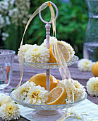 Etagere with white dahlia and citrus
