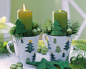Pseudotsuga branches, green pillar candles, fir trees