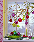 Zweig von Cornus (Hartriegel) im Fenster geschmückt mit Weihnachtsbaumkugeln