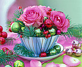 Pink 'Sweet Unique' (Rose) arrangement, Pseudotsuga (Douglas fir)