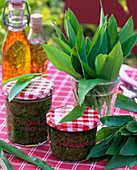 Allium ursinum (Bärlauch), Blätter in Vase, Gläser mit Pesto, Kräuteröl