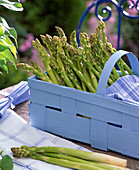 Green asparagus in light blue woodchip basket, kitchen towel