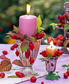 Kerze in silbernem Becher mit Hagebutten und Rubus (Brombeerblättern)