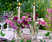 Lathyrus odoratus (sweetpea) in glasses with candles