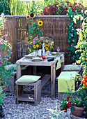LOHAS - Serie: Gedeckter Tisch und Bänke, Strauß aus Spätsommerblumen, Sichtschutz aus Weide, Helianthus (Sonnenblumen), Ipomoea (Prunkwinde)