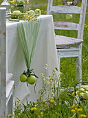 Apple table decoration in the summer meadow