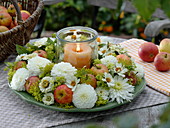 Late summer wreath with white dahlias and apples