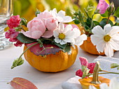 Hollowed-out small pumpkin with roses and daisies