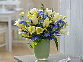 Blau - gelber Frühlingsstrauß : Aquilegia (Akelei), Tulipa