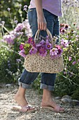 Woman wearing bag with Cosmos (daisies), Limonium