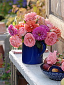 Blue pitcher with Dahlia and Roses