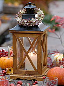 Lantern with small hydrangea (hydrangea) wreath