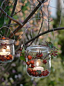 Small glasses hung as a lantern on tree