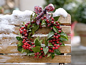 Wreath of Ilex (holly) with checkered ribbon