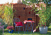 Patio with wicker walls, Miscanthus (miscanthus)