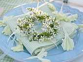 White spring table decoration with blossom branches