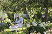 White lounger under the apple tree, bed with hydrangea