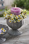 Candle in footed metal mug, candelabra of chamomile