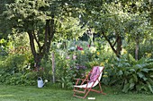 Lounger in the perennial bed under fruit trees, Echinacea purpureae