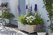 Mobile wooden planter box in blue and white
