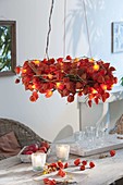 Physalis wreath with fairy lights as hanging table decoration