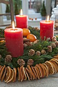 Scented Advent wreath with ring of orange slices