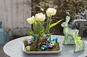 Flat bowl with Tulipa 'Montreux', moss and easter eggs
