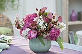 Pink-white bouquet in turquoise ball vase-Zantedeschia