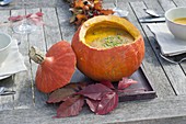 Pumpkin soup in Hokkaido pumpkin (Cucurbita pepo)