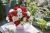 Red-white bouquet of zinnia, dahlia, Rose