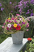 Rustic bouquet of zinnia and grasses in wicker vase