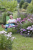 Green lounger on flowerbed with Phlox paniculata, P. amplifolia