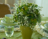 Bouquet of lilies of the valley, trachelium, euphorbia