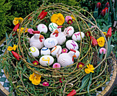 Easter nest with Salix (willow) branches, Viola (pansies)