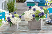 Hydrangea flowers and ball thistle arrangement