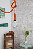 Pendant cage lamp with knitted cover on socket and power cable