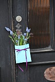 Paper bag of grape hyacinths and rosemary hung on door