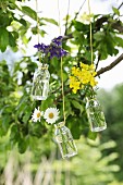 Akelei, Rapsblüten und Margeriten in hängenden Glasfläschchen