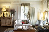 Curtains draped over piping in cosy living room
