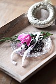 Cyclamen and juniper sprigs on glass plate