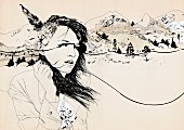 Wind blowing on woman standing in remote area