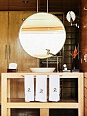 Bathroom with vanity and mirror on dolphin cruise ship, Amazonas, Peru