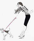 Wire fox terrier straining at the leash held by fashionable young woman