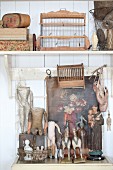 Arrangement of old dolls, icon and birdcage