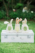 Hand-made bunnies on vintage suitcase in garden