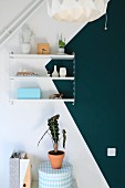 Shelving on white wall with teal triangle